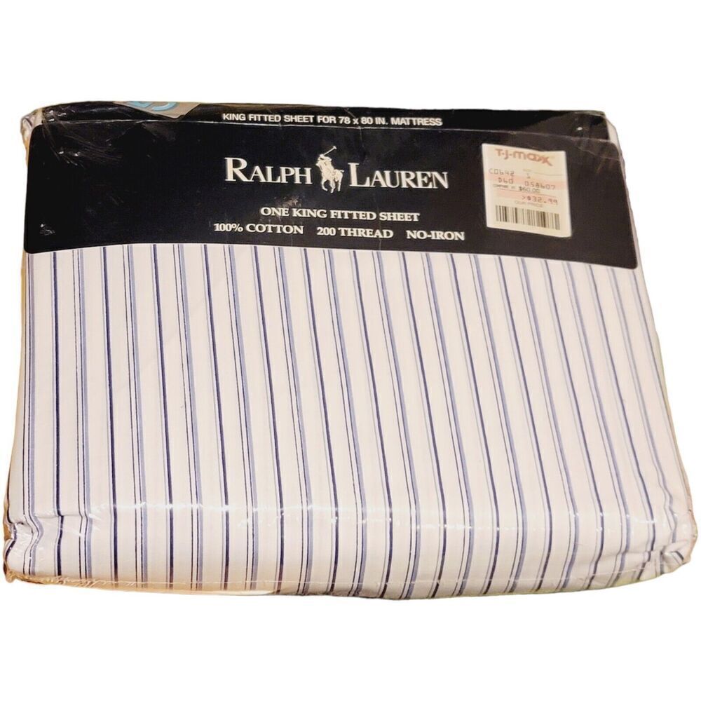 NOS Ralph Lauren Westland Multi Striped Blue & White T200 King Fitted‎ Sheet